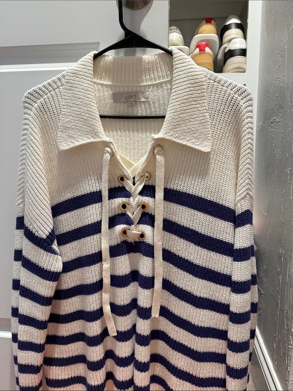 LOFT Cream and Navy Striped Lace-Up V-Neck Sweater